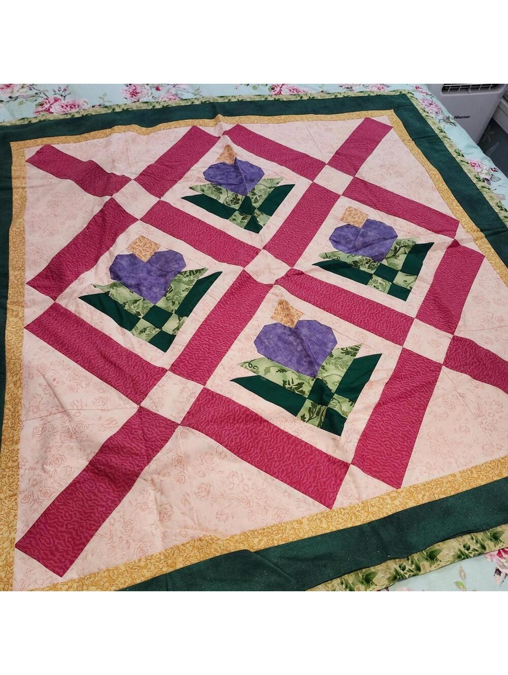 Handmade Quilted Throw Blanket Purple Heart Applique Cottagecore Wall Hanging